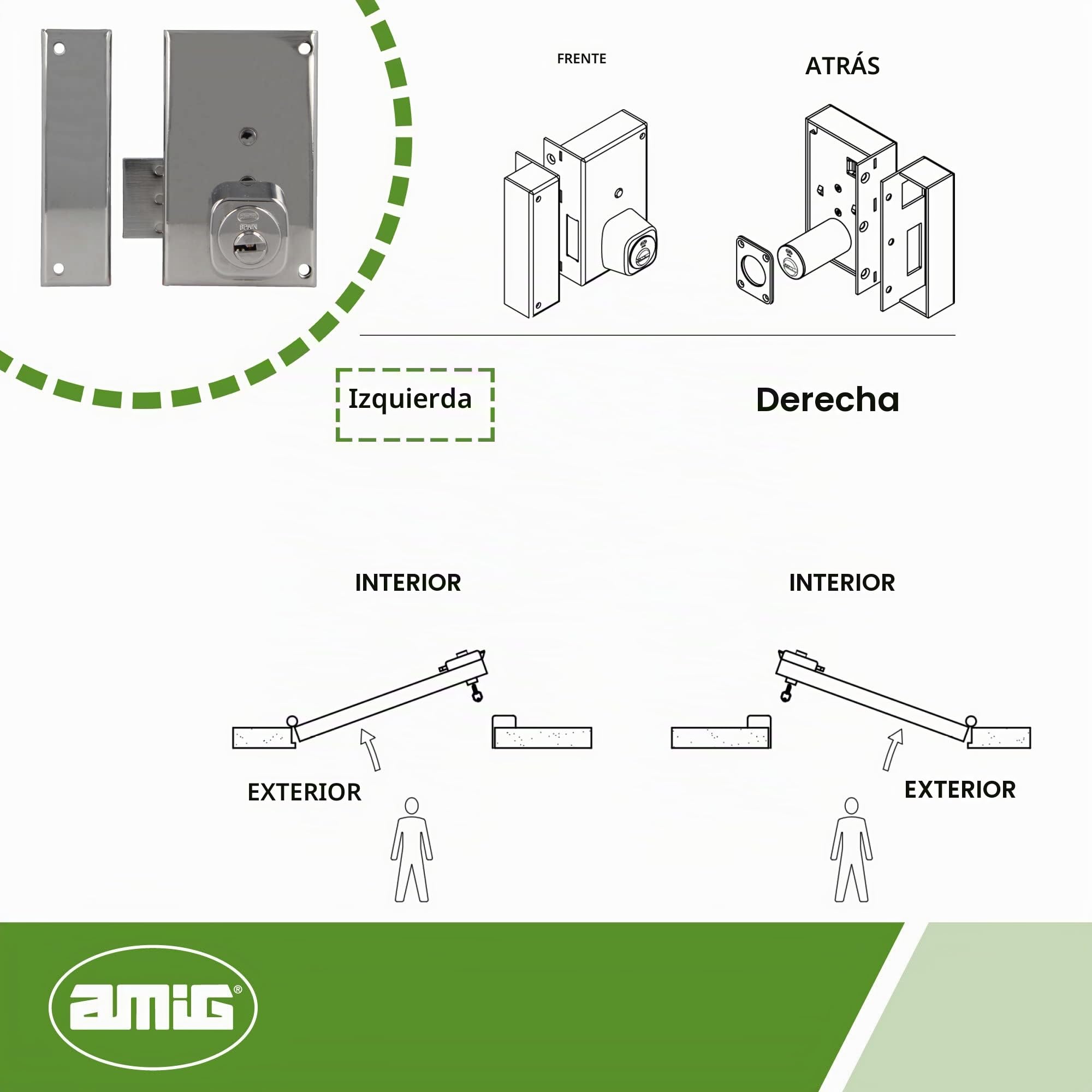 Amig - Cerradura de Sobreponer de Izquierda con Palanca de Cierre y Lengüeta para Puertas de Madera Mod. 75P, 67 x 112 mm, Cilindro Redondo de Seguridad, Acero Plateado