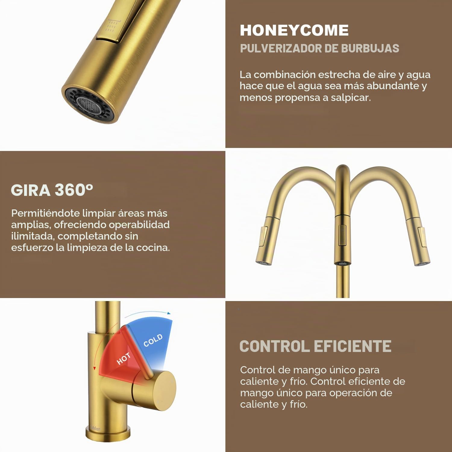 Tohlar Grifo de cocina dorado con pulverizador extraíble, moderno grifo mezclador de cocina extraíble de acero inoxidable de una sola manija, oro cepillado