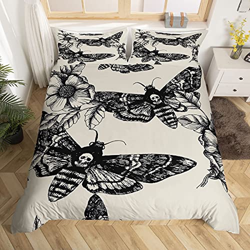 Skull Comforter Cover Set Queen Size Moth Printed Gothic Style Duvet Cover For Teen Boys Kids Sugar Skull Pattern Botanical Floral Decor Gray White Black Soft Microfiber Bedding Set With Zipper Ties #TOP17
