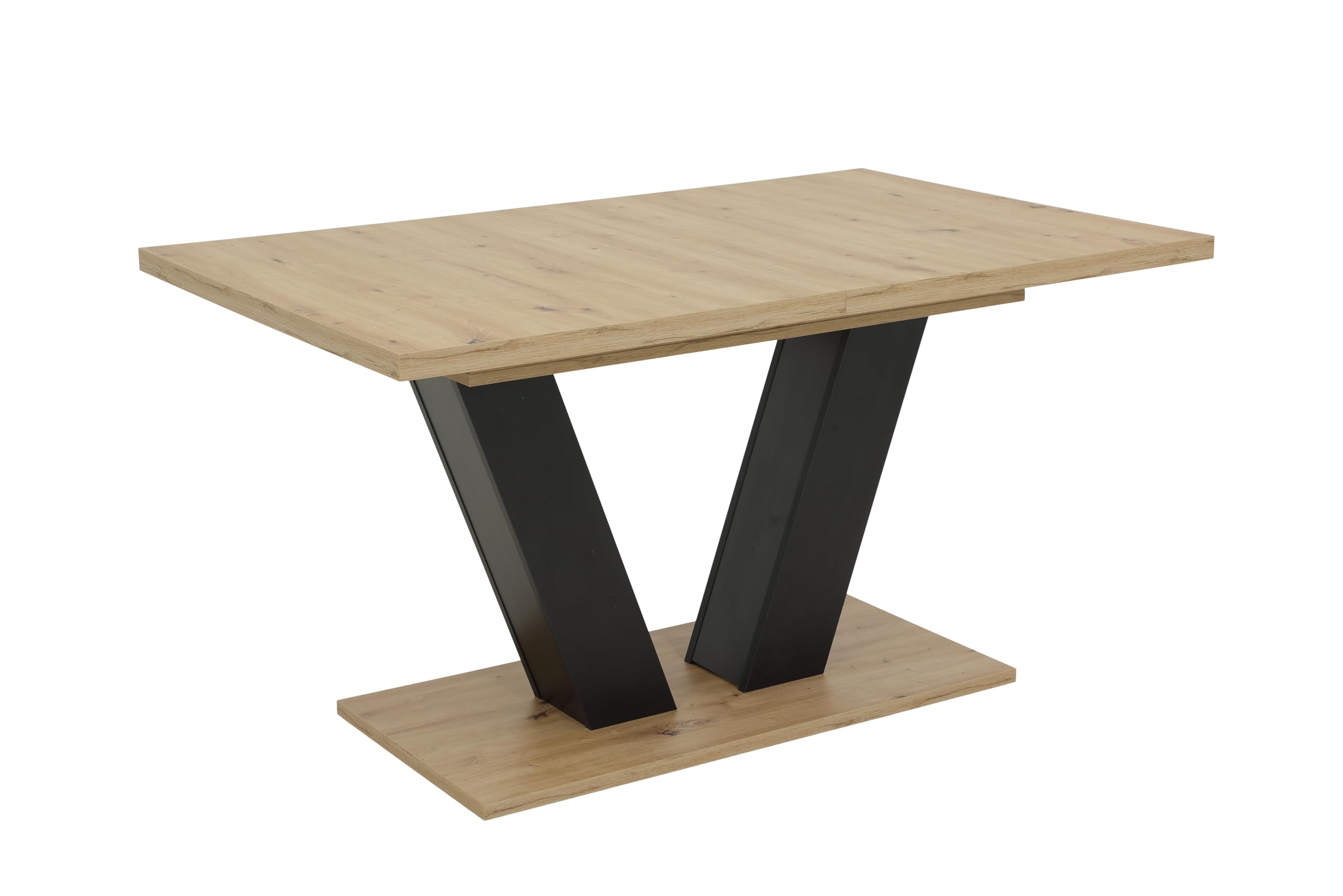 Hela Tische, Ausziehbarer Esstisch Hamm, Dekor Artisan Eiche und Schwarz, 140-180 x 90 cm, V-förmiges Gestell, Synchronauszug, Melaminbeschichtung und ABS Kante