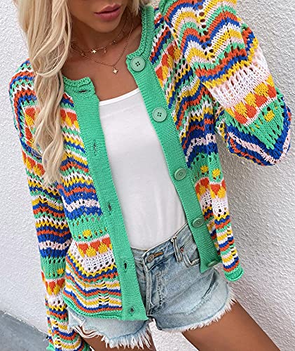 Image of xxxiticat Women's Rainbow Knitted Cardigan Sweater Long Sleeve Multicolor Striped Sweater Jumpers Open Front Jacket