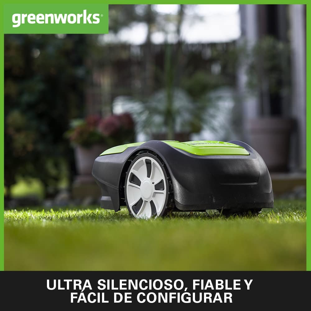 Greenworks Optimow M robot cortacésped para áreas hasta 500m2, pendiente 30%, muy silencioso, control bluetooth, características de seguridad avanzadas, protección robo, 3 años de garantía