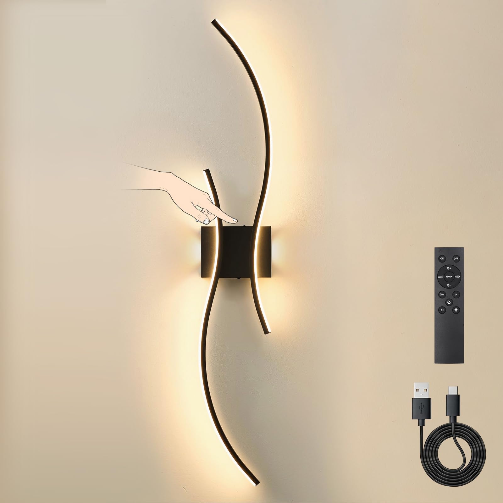 SERBASIC Black Battery Operated Wall Lights Indoor,100cm Rechargeable Wireless Wall Lights with Remote Control,Stepless Colors 3000K-6000K & Dimming,Morden Touch Wall Sconces for Room Decoration