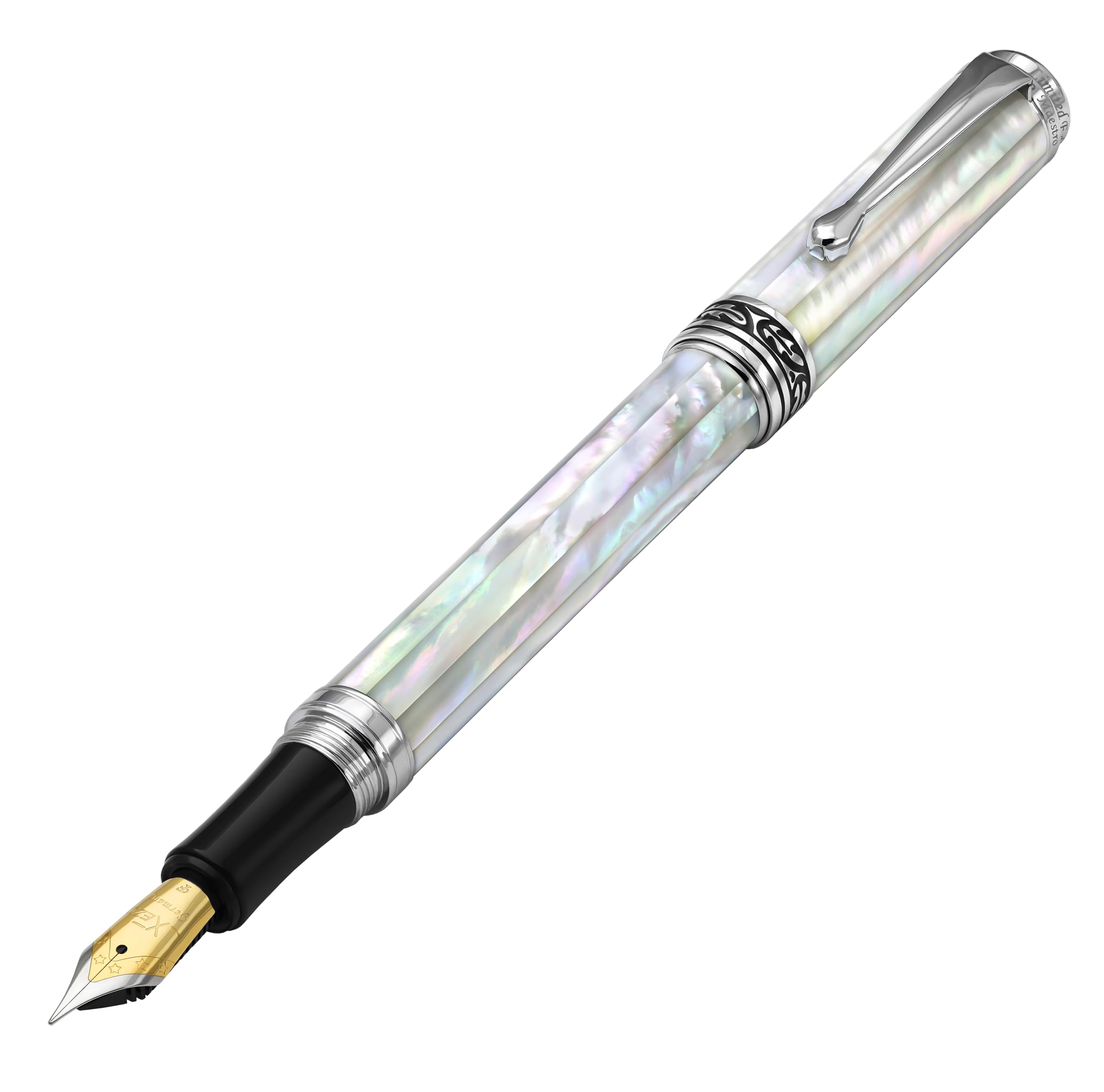 Xezo Maestro Fountain Pen, Fine Nib. Oceanic White Mother of Pearl with Chrome Plating. Handcrafted, Limited Edition, Serialized. No Two Pens Alike