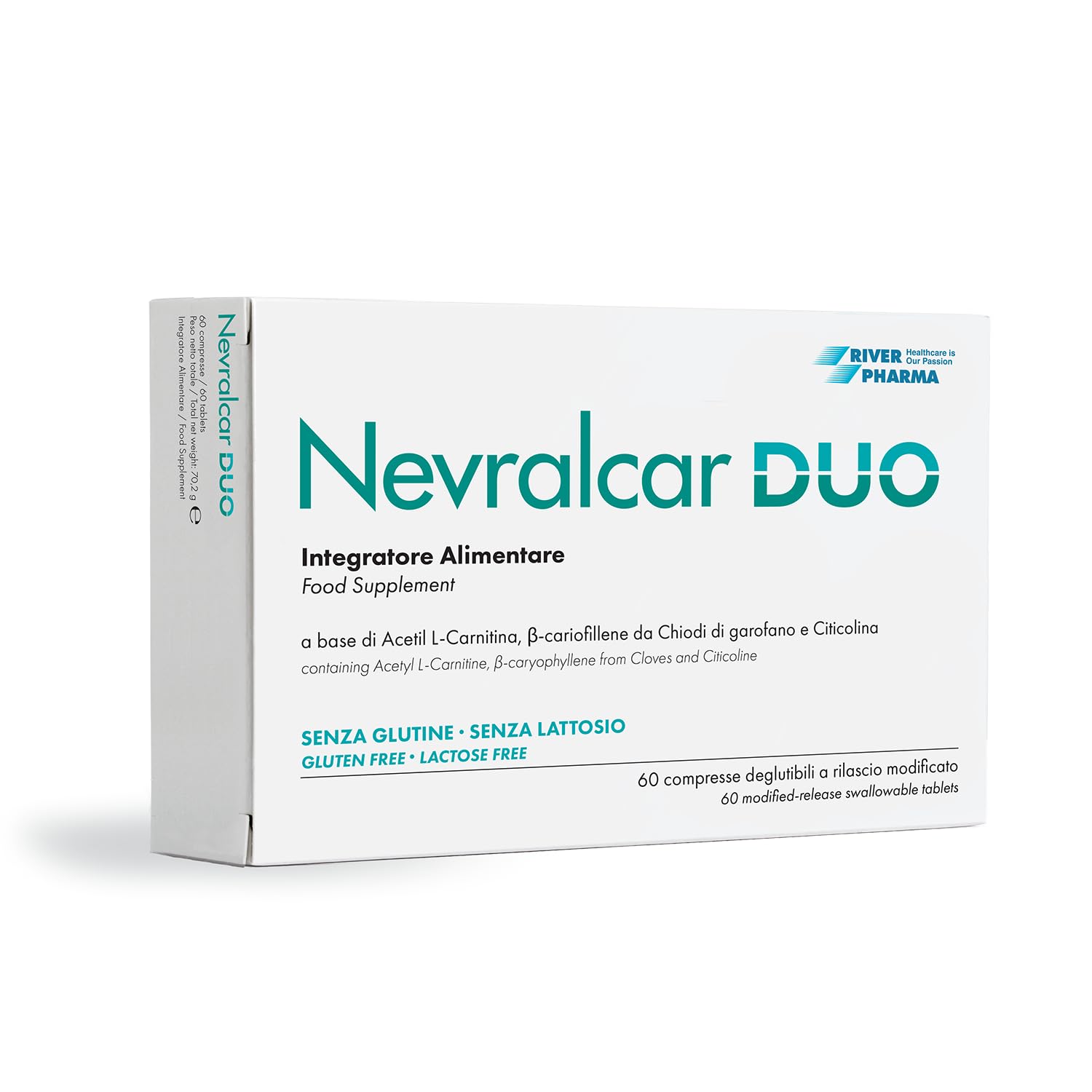 RIVER PHARMA® Nevralcar Duo 60 compresse - Integratore Alimentare in compresse a rilascio modificato a base di Acetil L-Carnitina, Beta-cariofillene e Citicolina