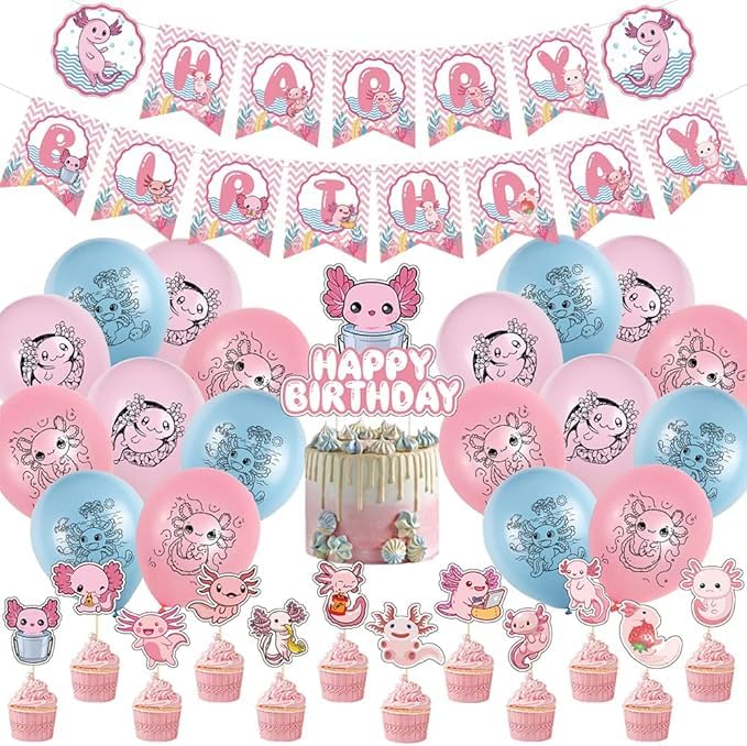 Axolotl Birthday Balloons Axolotl Party Decorations Axolotl Theme Birthday Party Supplies Includes Cars Happy Birthday Banner Cake Toppers for Kids’ Birthday Party Decorations
