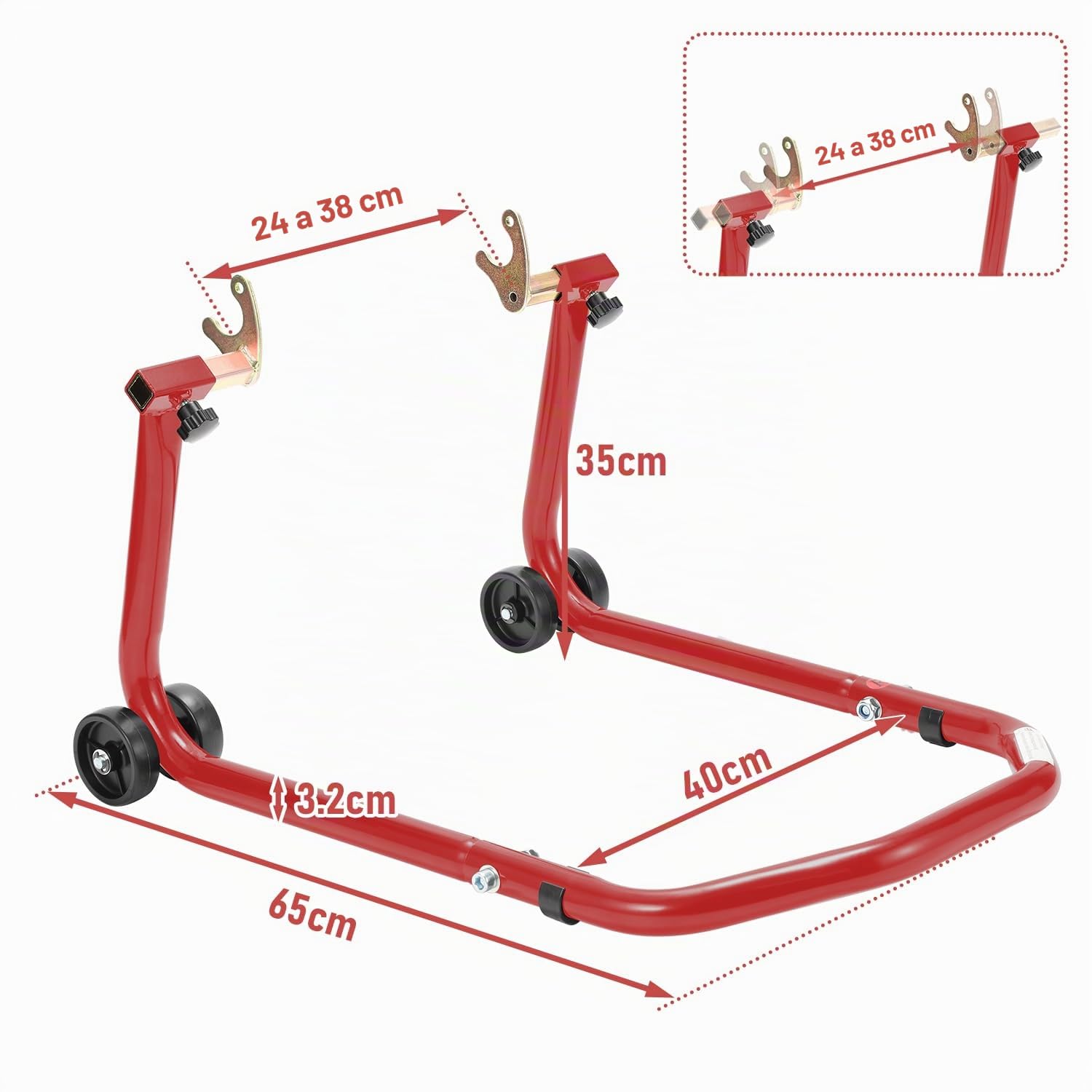 Eulenke Caballete de reparación trasera con adaptador en U, cric de moto para casi todas las motos, béquille de moto hasta 300 kg, elevador de montaje ajustable en ancho, rojo