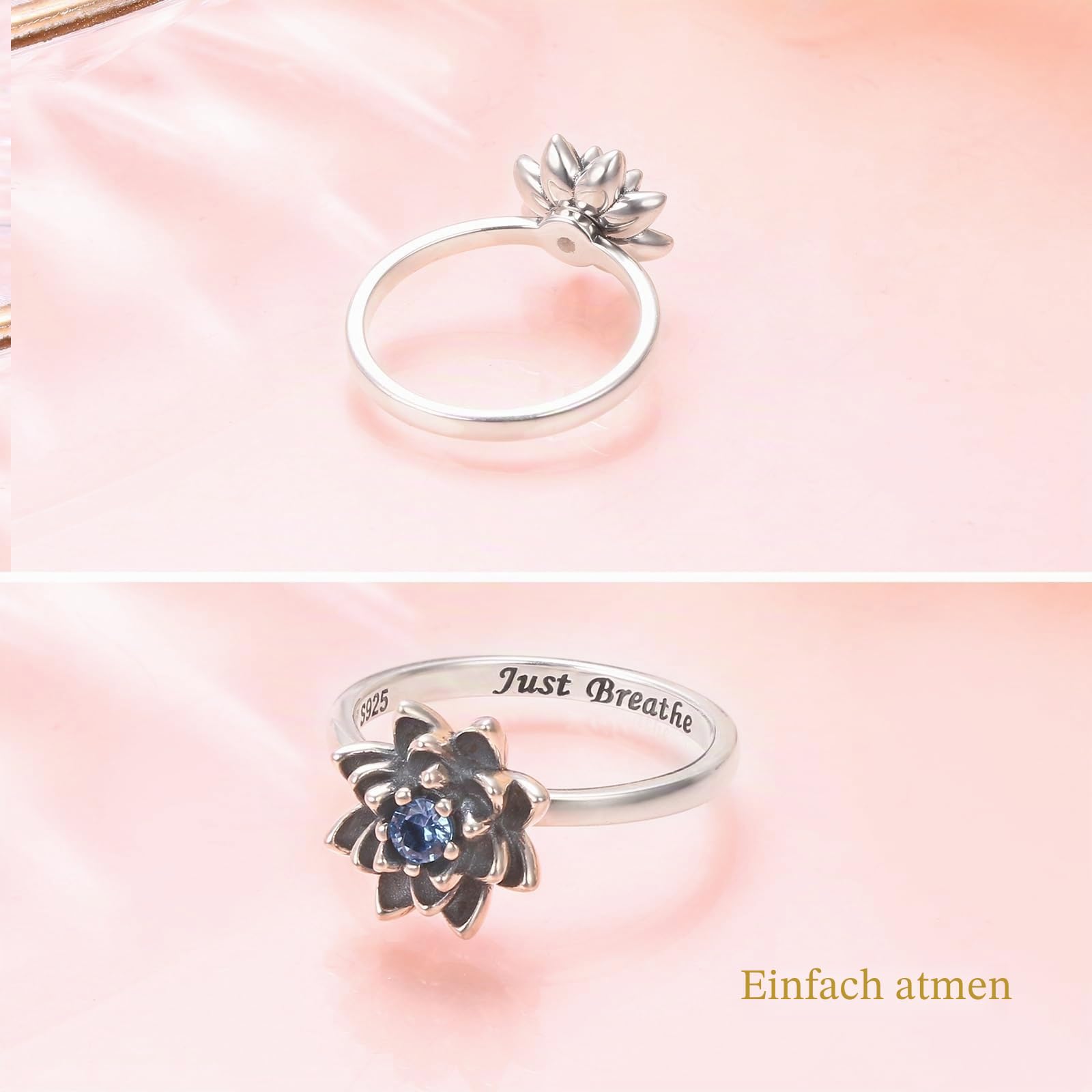 Flyow Just Breathe Lotus Spinner Ring für Damen 925 Sterling Silber Oxidation Blume Fidget Ringe für Angst Stress Relieving ADHD Autismus Ringe Yoga Geschenke Inspirational Band Ring