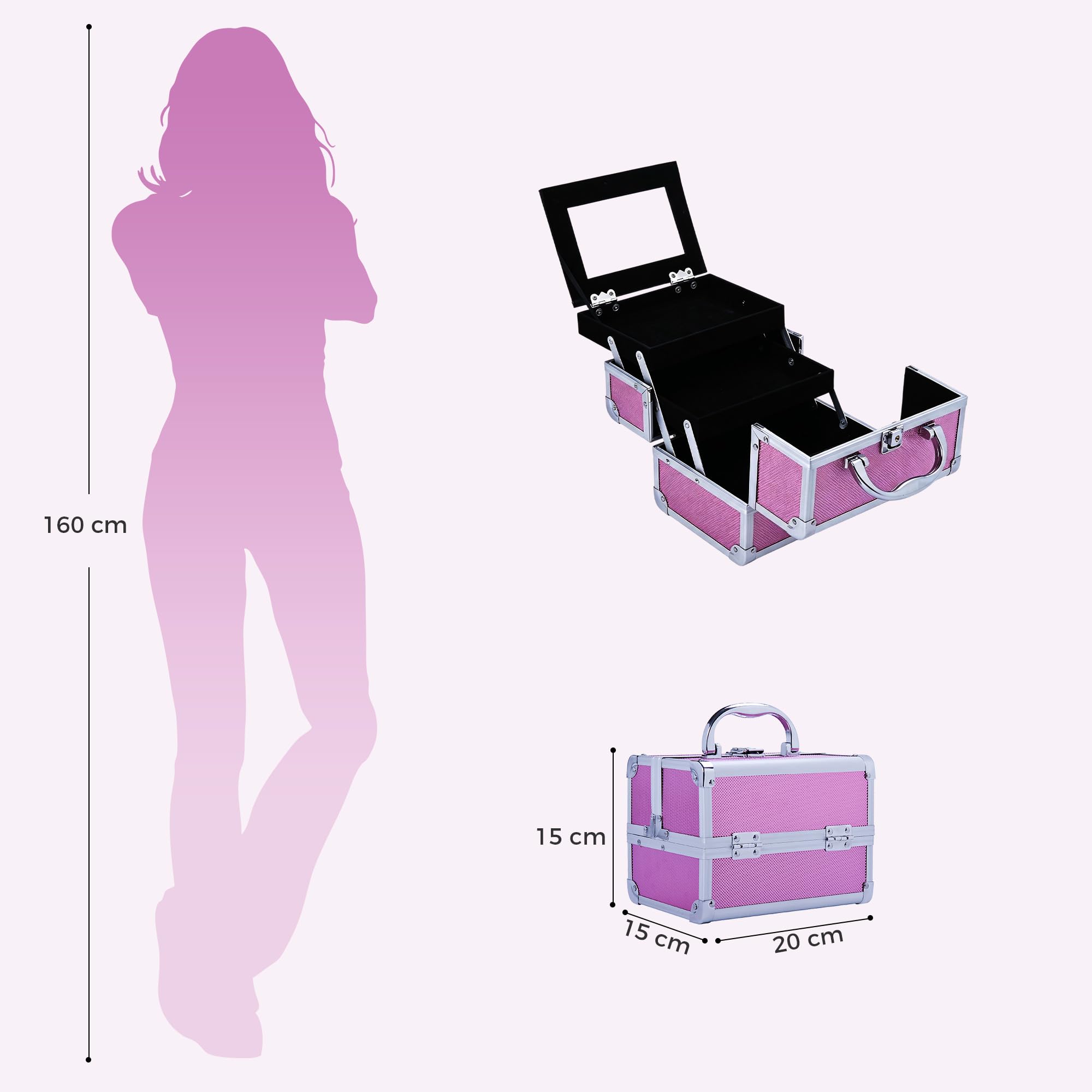 HOMCOM Valigetta trucco professionale portatile 20x15x15 cm Rosa | Valigetta cosmetici, vassoi a 3 livelli, specchio, 2 chiavi, per gioielli, manicure, viaggio