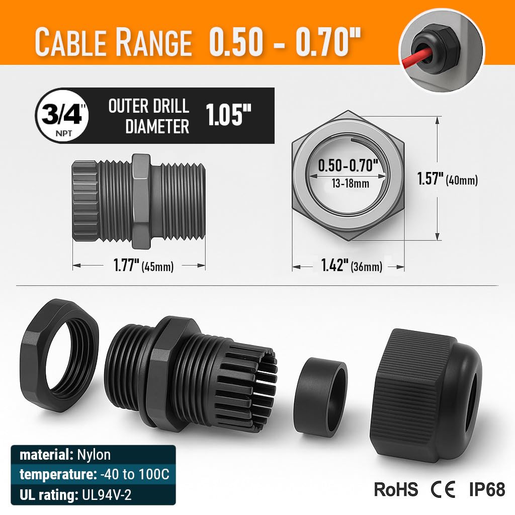 MGI SpeedWare Pressacavo in nylon NPT per serracavo - Confezione da 100 (1,9 cm, nero)