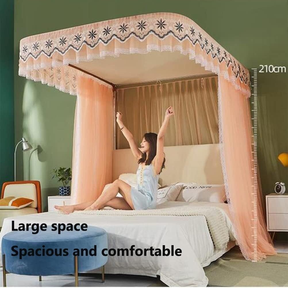 Summer Bed Canopy Mosquito Net with Metal Support, Romantic Bedroom Decoration (Colour: Pink, Size: 150X200CM) (Color : Pink, Size : 180X200CM)