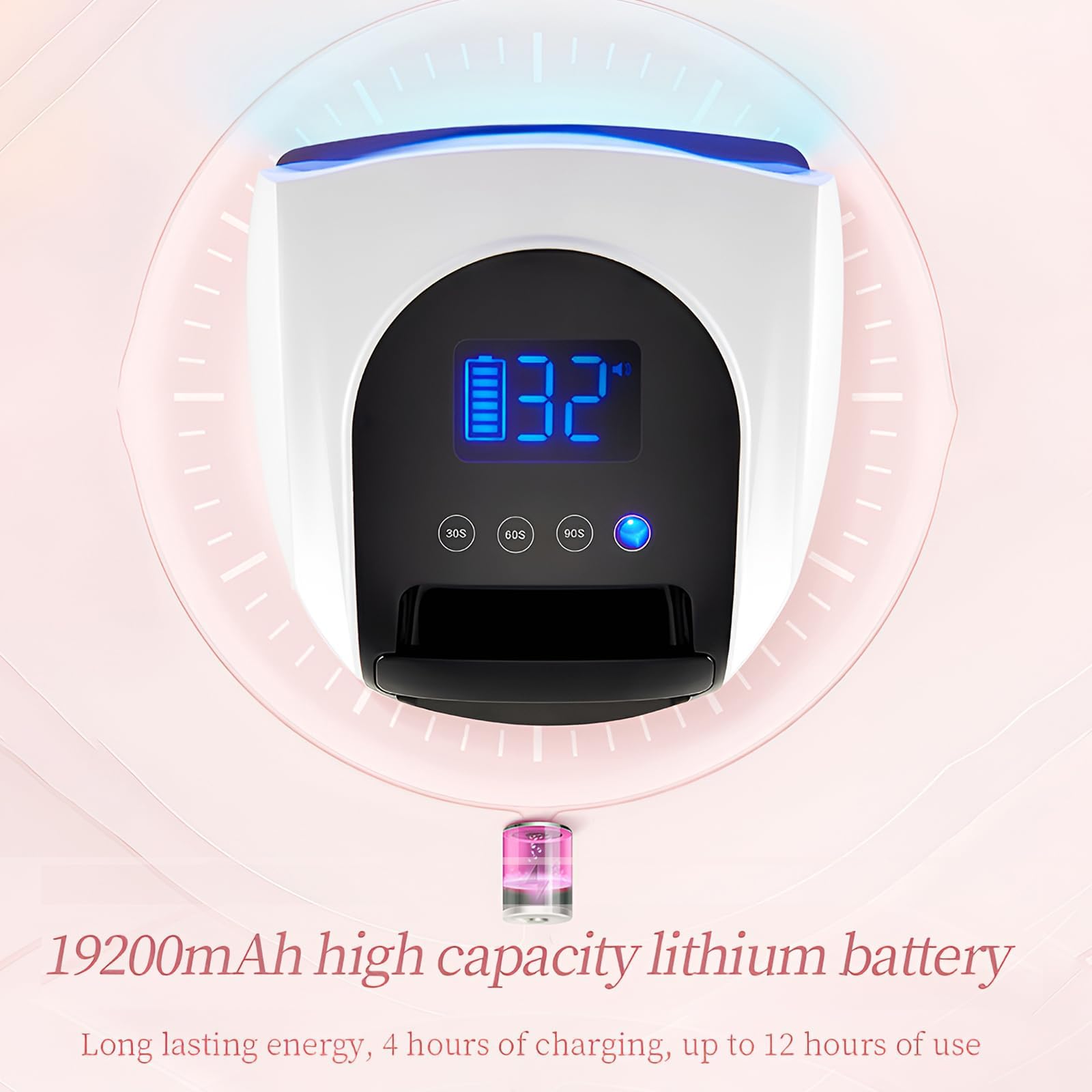 Lámpara de uñas LED UV inalámbrica de 96 W, secador de uñas recargable con 42 cuentas de lámpara, batería de 19200 mAh, 4 ajustes de temporizador y pantalla LCD, base extraíble con sensor automático