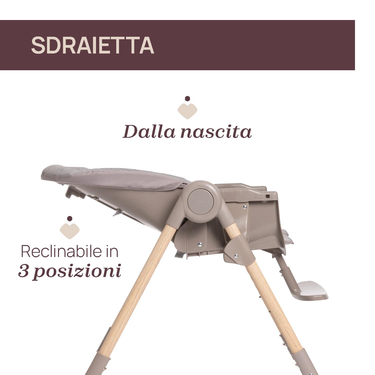 Chicco Polly Essential Seggiolone Pappa Evolutivo per Bambini da 0 Mesi a 15 KG, Reclinabile in 3 posizioni, 7 Livelli di altezza, Chiusura Compatta, Tessuto in poliestere riciclato, Grigio Chiaro