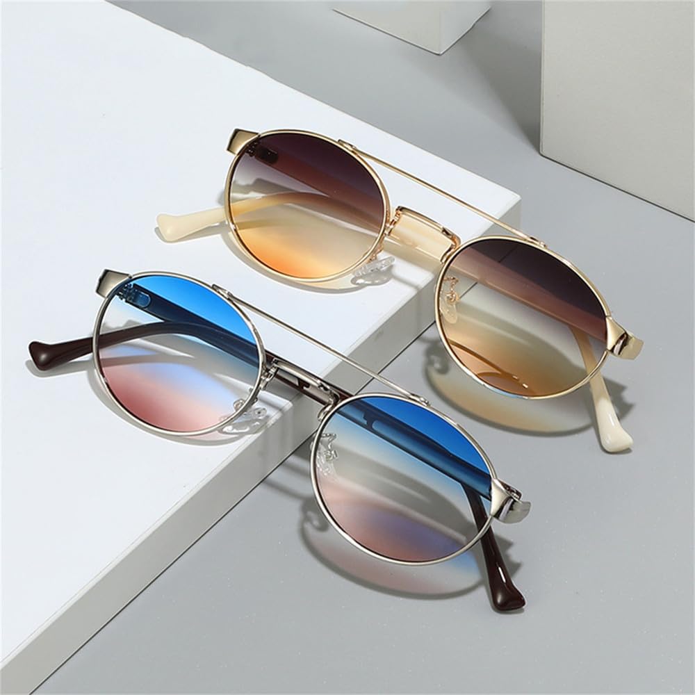 Vintage Double Beam Sunglasses Men Metal Sun Glasses Oval Eyewear for Women UV400 Mirror