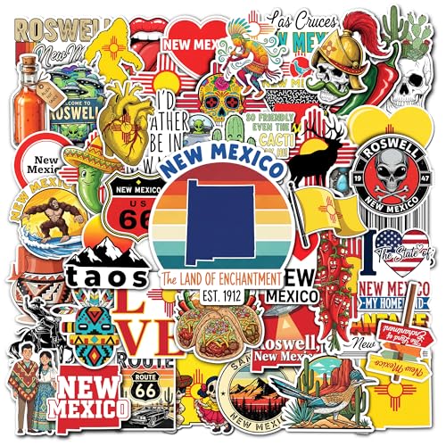 HIZILY 50 Pcs New Mexico Stickers Pack Waterproof Vinyl Decals US State Souvenirs Decorations Water Bottle Laptop Phone Skateboard Scrapbooking Bumper Luggage Guitar Gifts for Teens Men Women