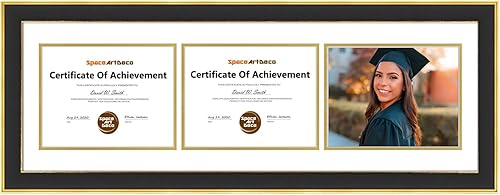 Miniatura 2 de Space Art Deco, Marco de tres certificados de 12 x 37 pulgadas con paspartú doble blanco sobre dorado para (3) diplomasgrados de 8.5 x 11 pulgadas,