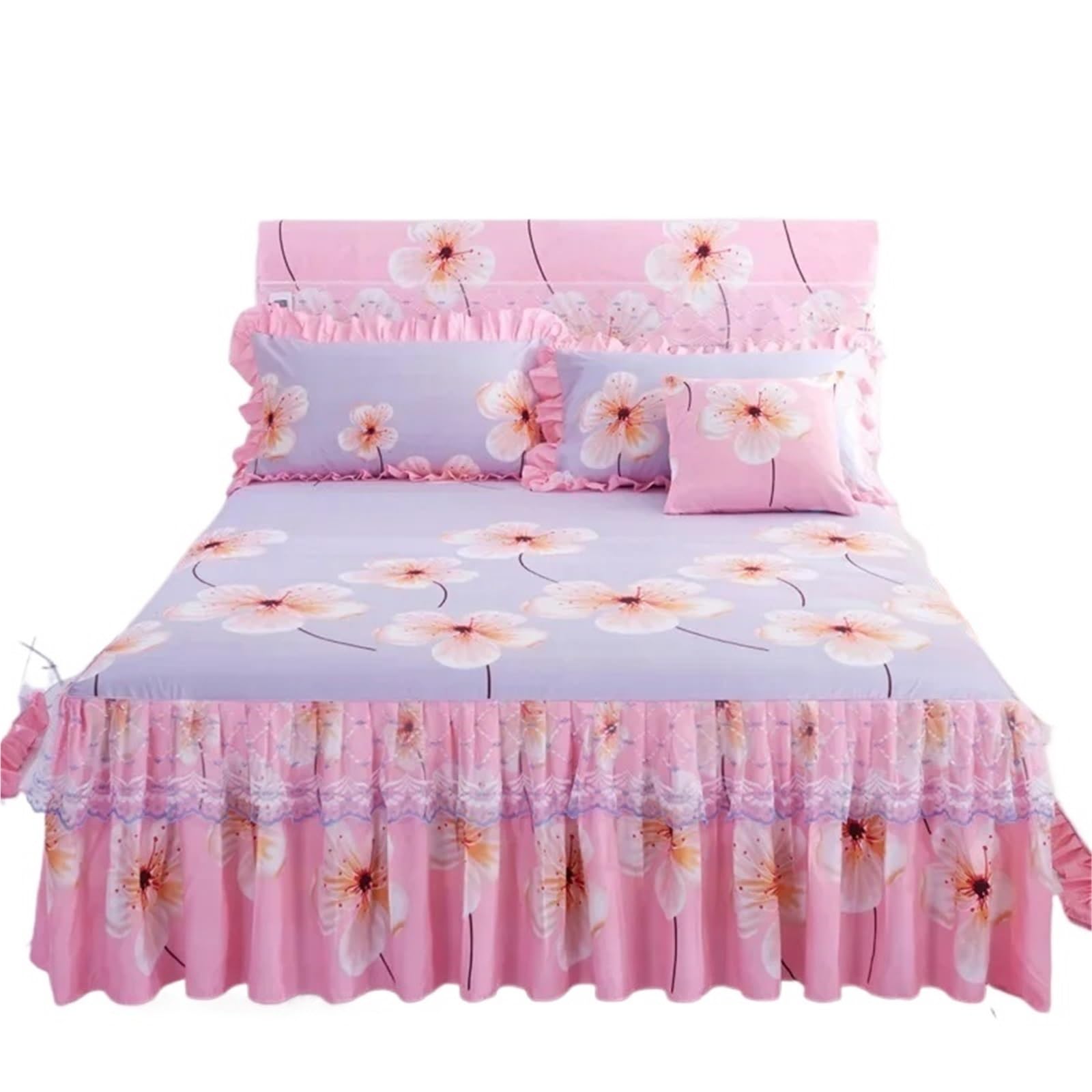 Ruffled Bed Skirt 3pcs Set Sanding Lace Bedspread Queen Bed Skirt Thickened Two-Layer Single Double Ruffle Cover(Color-09,3pcs 180x200cm)