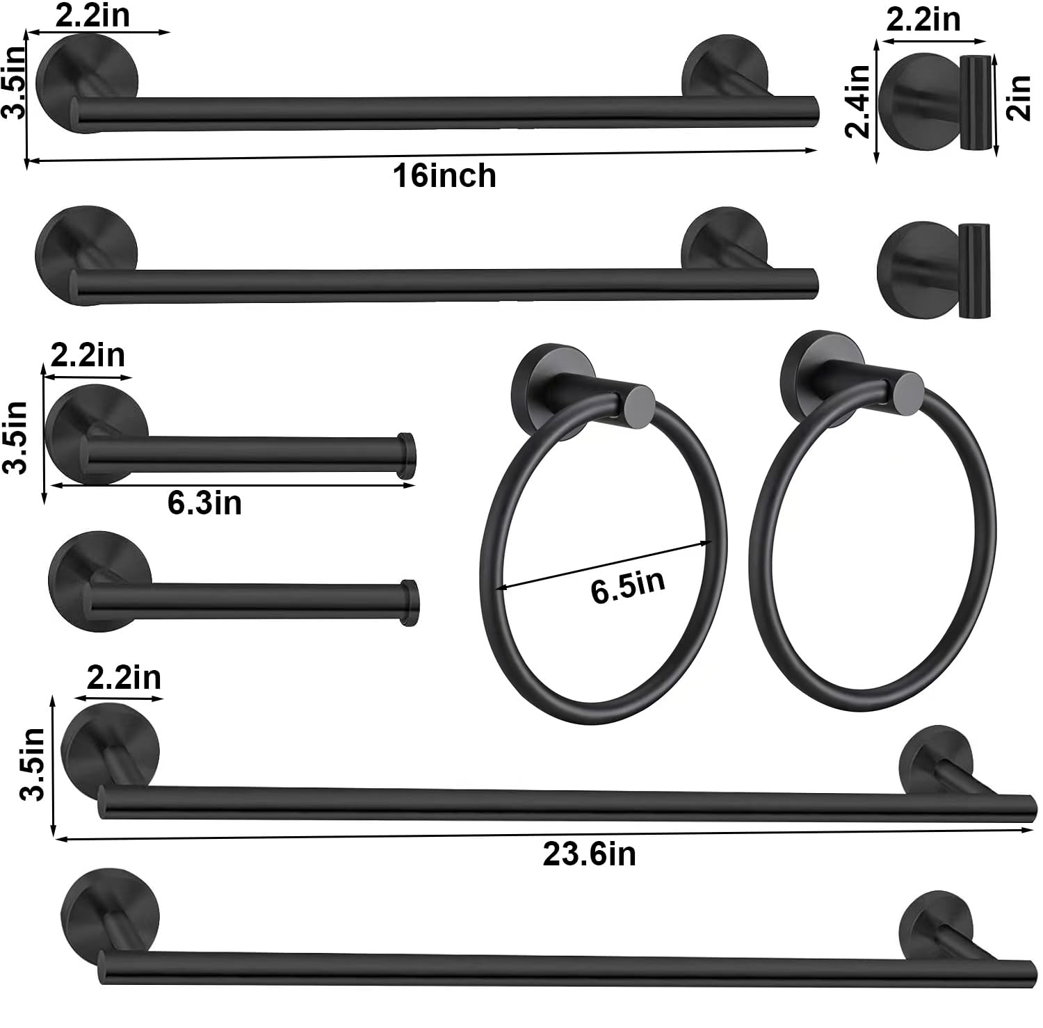 Toptowel 10Pcs Bath Towel Bar Set, Includes 23.6 & 16 Inch Towel Bars, Hooks, Rings & Toilet Paper Holder - Black