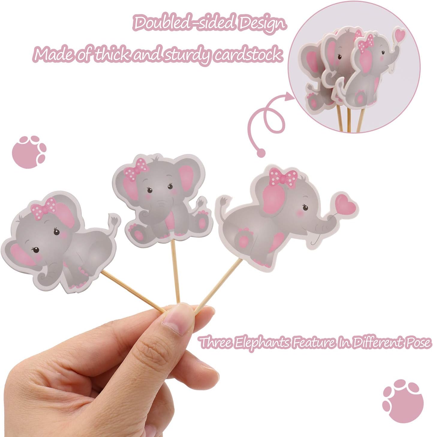 48PCS Double Sided Pink Elephant Cupcake Toppers It Is A Girl Pink Elephant Baby Shower Decoration for Girl Cupcake Picks Birthday Party Supplies