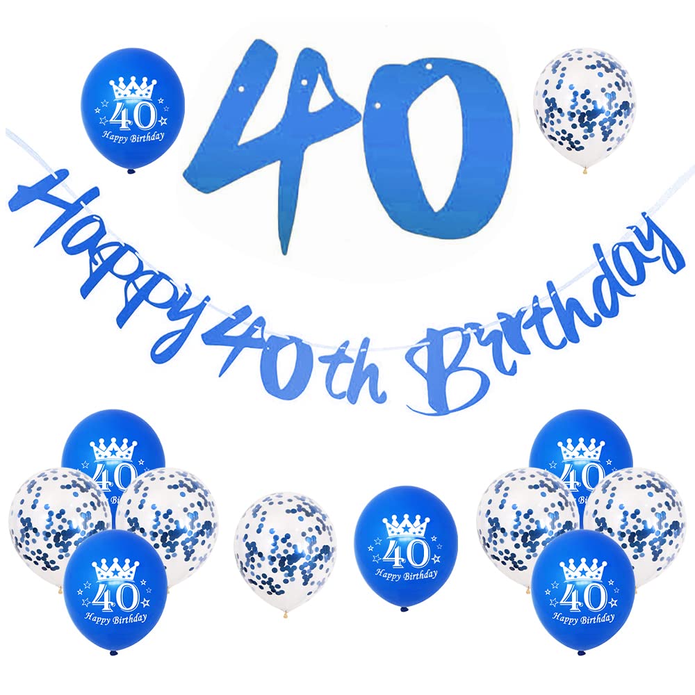 Happy 40th Birthday Banners Bunting & 12 Pcs Happy 40th Birthday Balloons Confetti Latex Balloons for Men/Women,Blue 40th Birthday Decorations Kit for Him Her 40th Birthday Party Supplies