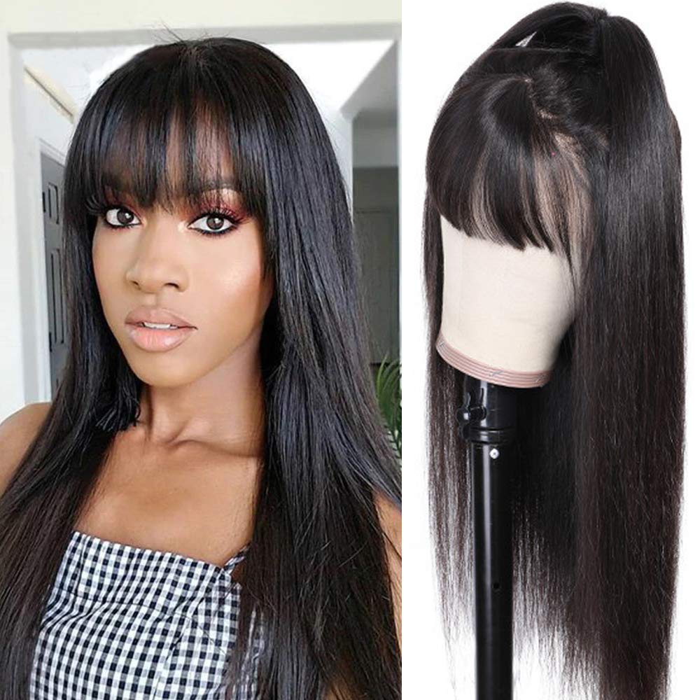 Peiyulex 100% Human Hair Wigs with Bangs Brazilian Straight Virgin Hair 150% Density Machine Made None Lace Front Wigs for Black Women Glueless Natural Colo