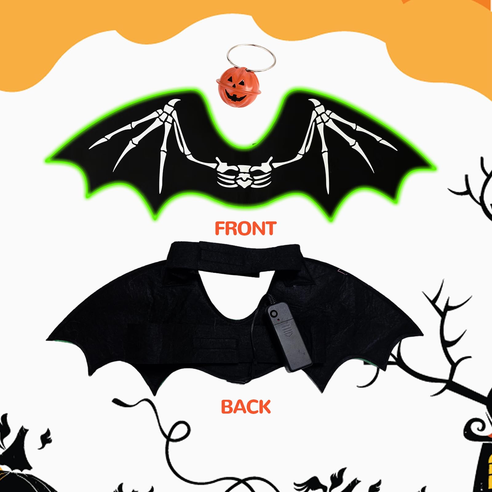 Dog Halloween Bat Costumes, Dog Cat Glow in the Dark Skeleton Bat Wings with Pumpkin Bell - Image 2
