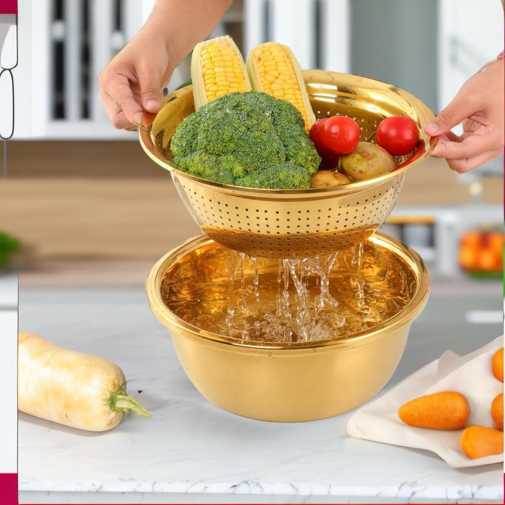 Multifunktionales Goldsieb aus Edelstahl, 3er-Set, große Kapazität, Küchensieb, Utensil zum Waschen von Gemüse, Obst und Kartoffeln, Karottenreibe