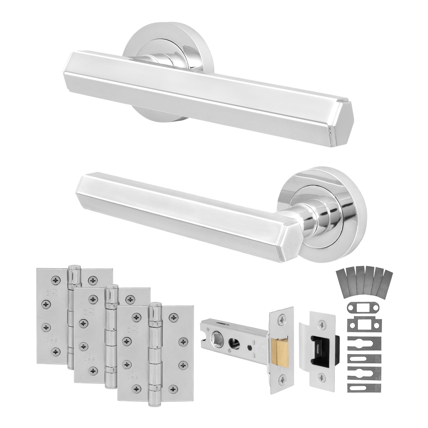 Eai Polished Chrome Chrome Fire Door Handle Latch Set, Internal Fire Rated Door Handle With 76Mm Latch And 102Mm Hinges, Madre Range 1 Pack