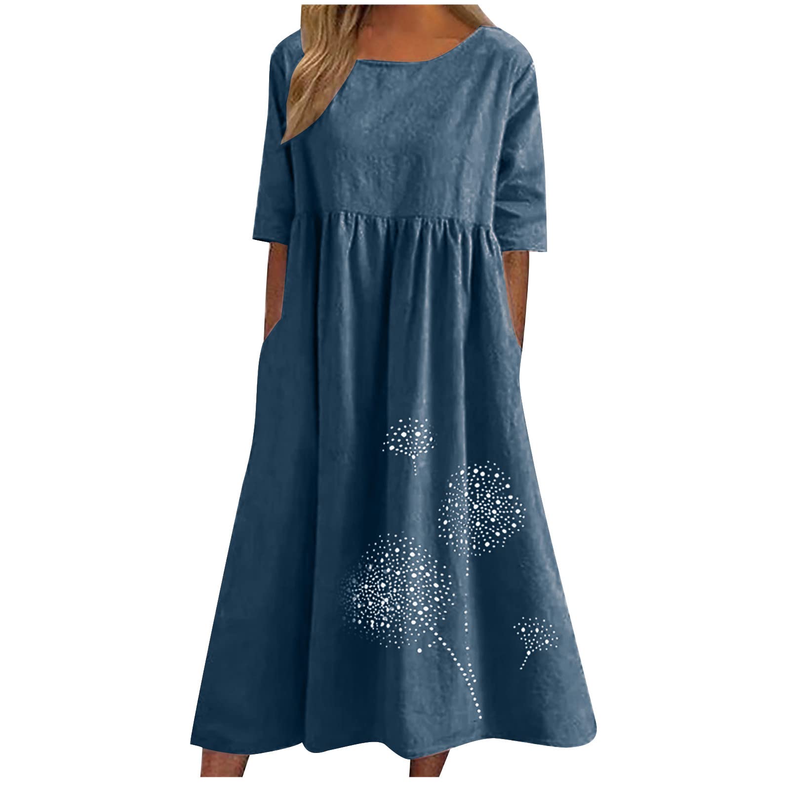NUSGEAR 2024 Vestidos Largo Mujer Algodón y Lino Vestido Verano Basico Casual Vestidos sin Manga Cuello Redondo Bolsillos Estampado Elegante Vestido de Noche Cómodo Playa Vacaciones Talla Grande
