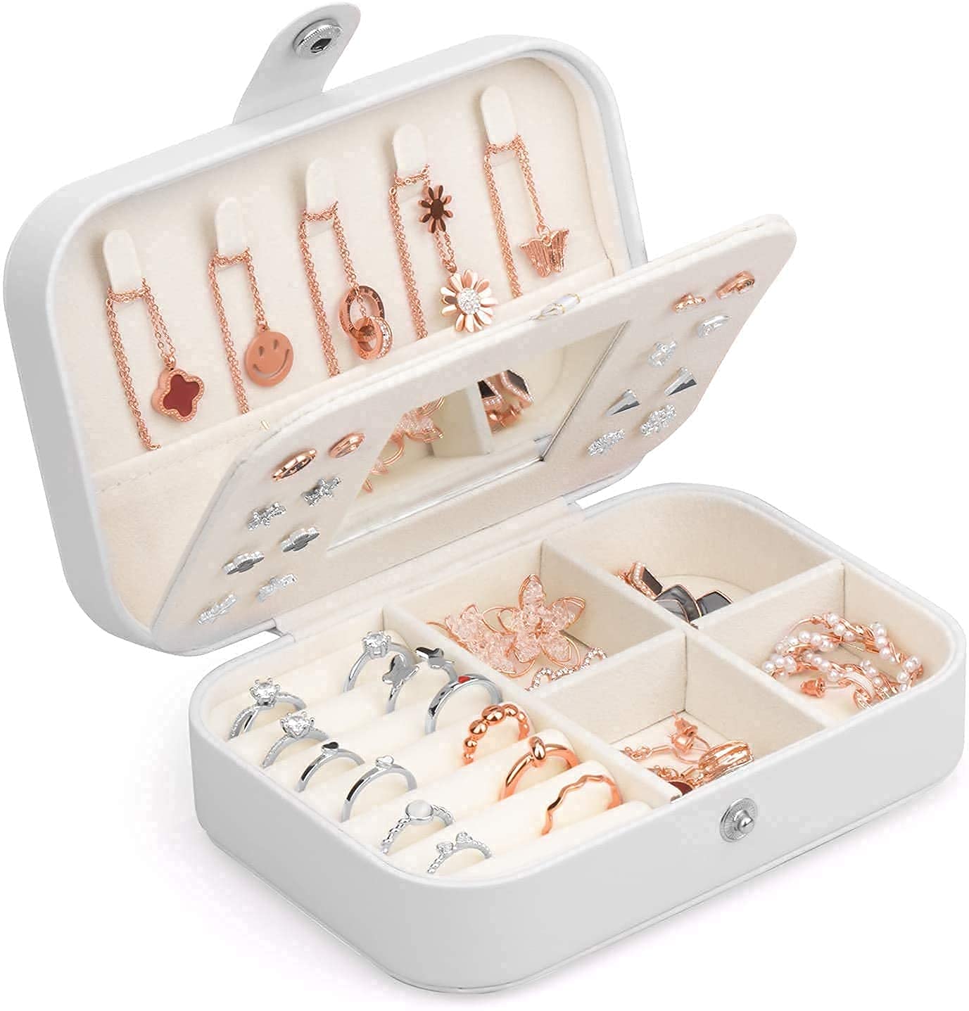ZYFSHA Joyero de Piel sintética para Mujer, joyero de Viaje, joyero pequeño con Espejo para Pendientes, Anillos y Collares (Blanco)