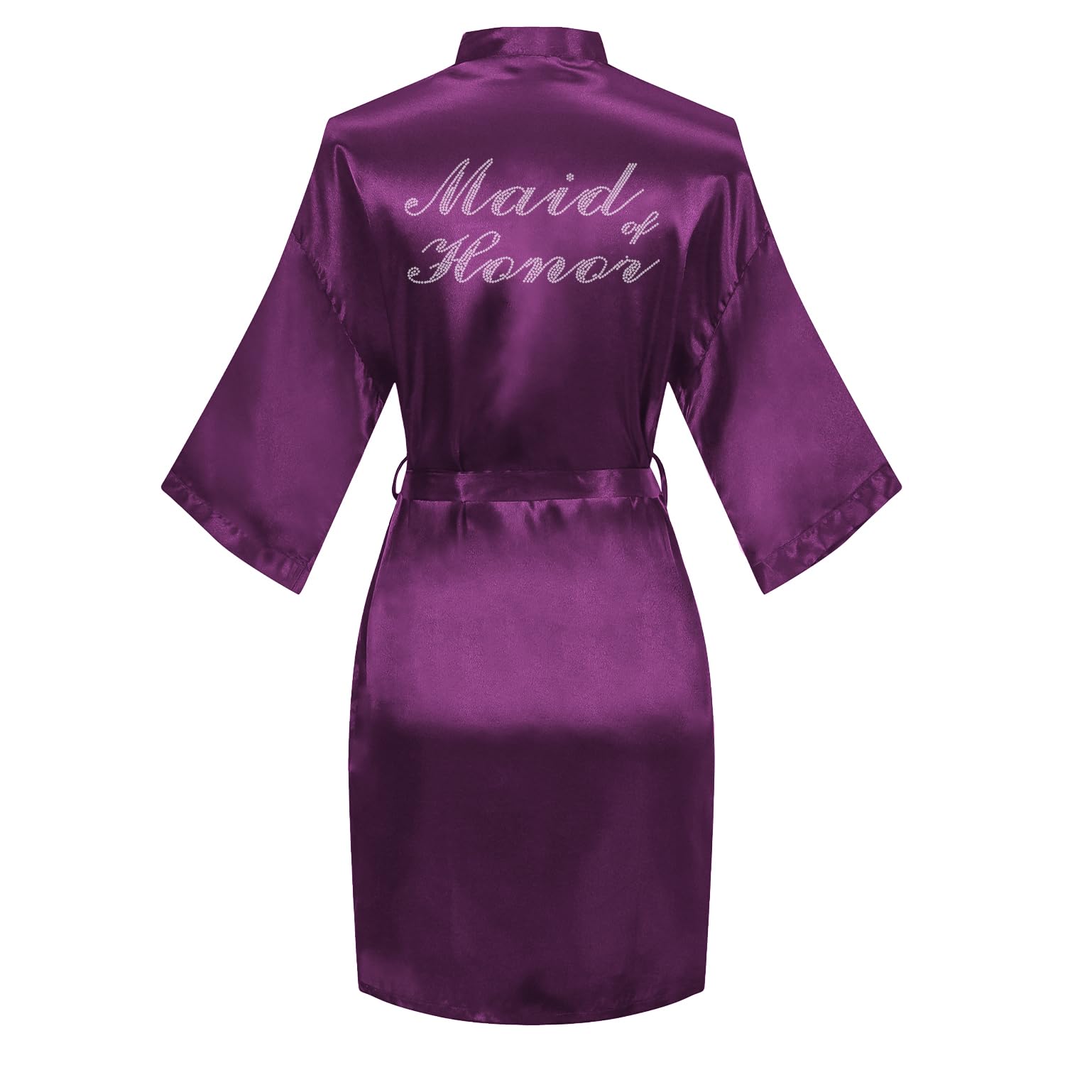 Women's Satin Robe Bride Bridesmaid Short Kimono Robes with Silver Rhinestones for Wedding Party Getting Ready