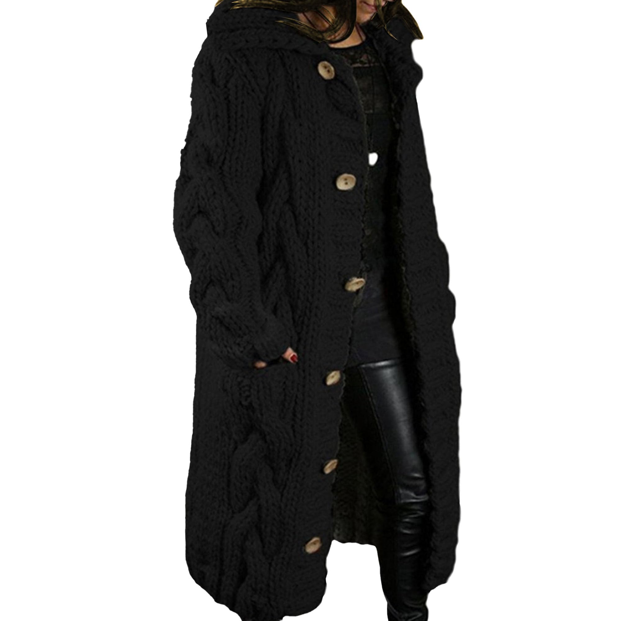 Womens Cable Knit Baggy Hooded Sweater Cardigan Solid Pocket Long Sweater Long Sleeve Open Front Warm Sweaters