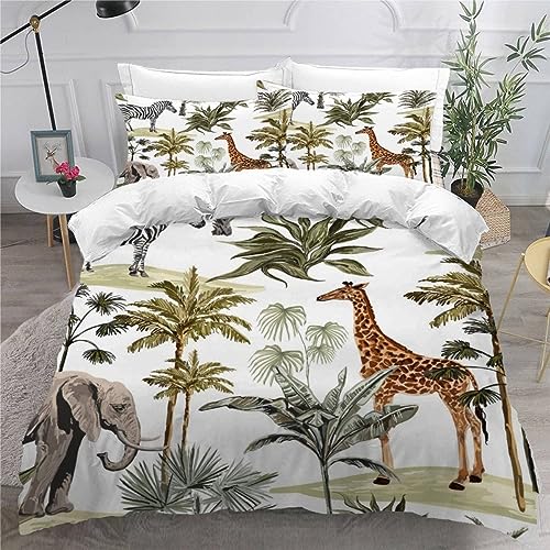 MUNOOR Housse de Couette 140x200 éléphant Girafe avec Fermeture Éclair Animaux De La Jungle Parure de Lit 1 Personne Enfant Fille Garçon Microfibre Ensemble de...