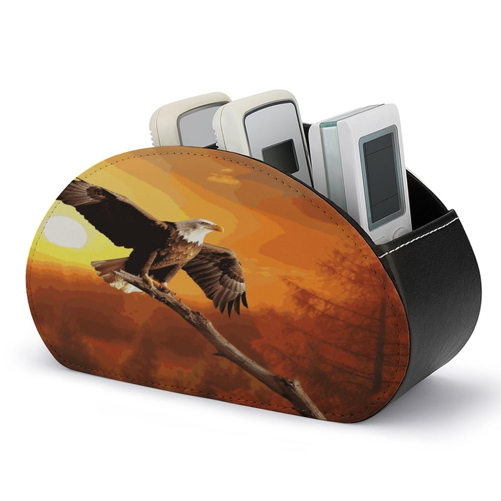 LZQPOEAS Golden Sunset Bald Eagle Remote Control Holder Desk Storage Organizer Box Container Remote Storage Box with 5 Compartments PU Leather Remote Caddy for Home Bedside Table Organizer