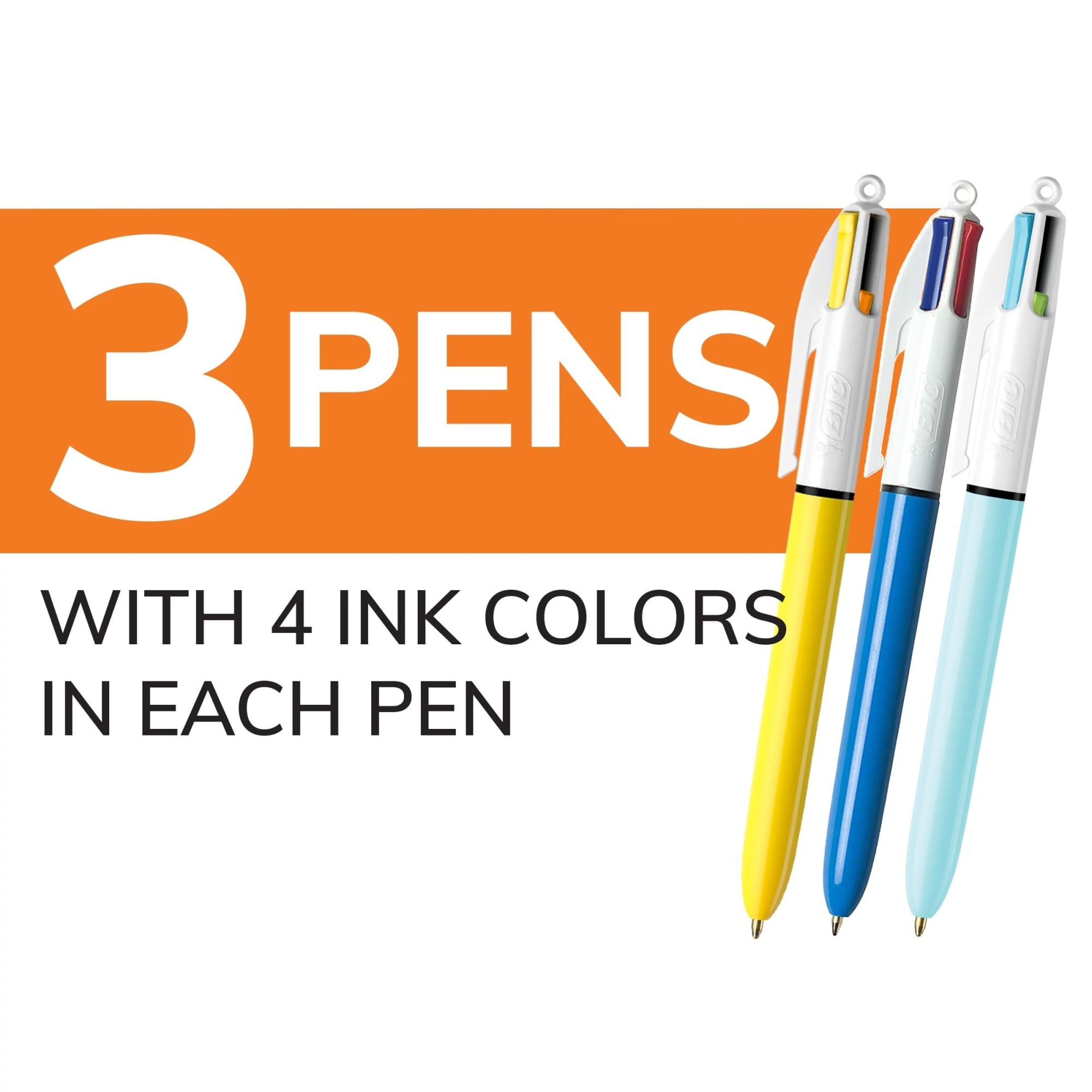 BIC Lot de 3 stylos à bille rétractables 4 couleurs, pointe moyenne, 1,0 mm, couleurs d'encre assorties