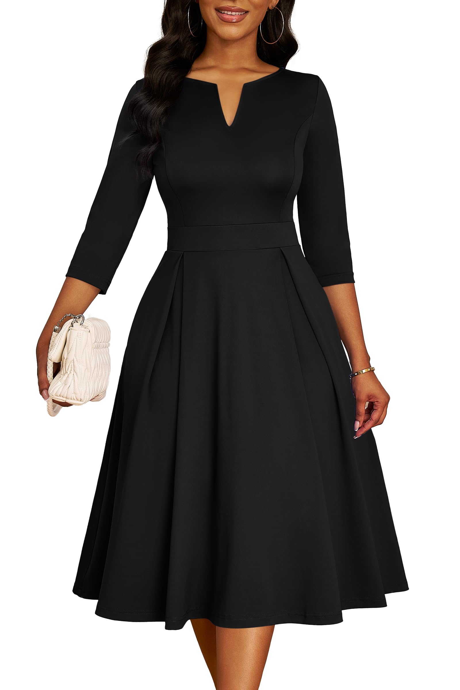 Nmoder Midi Dresses for Women Semi Formal Fit and Flare 3 4 Sleeve V Neck Work Dress with