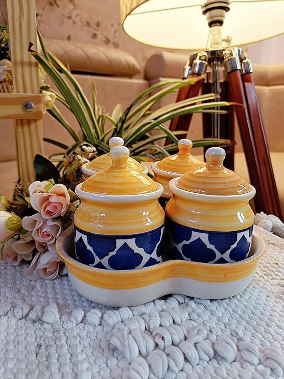 Image of Niyara Multipurpose Storage Ceramic Pickle set Jars with Lid & tray (Set of 4, 300 ml) (yellow Blue)