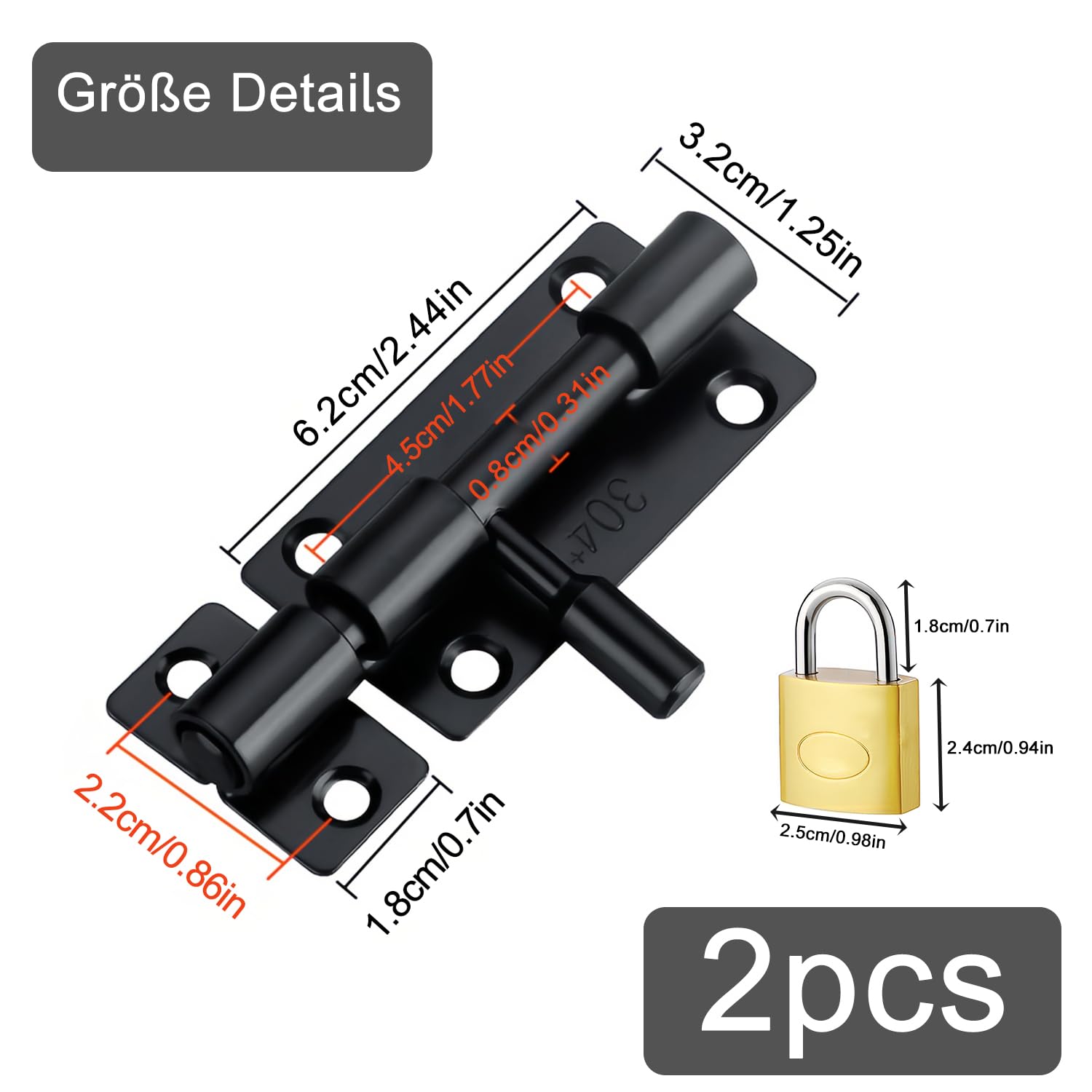 Pack of 2 Stainless Steel Door Bolt Made of 304 Steel, Black Security Bolt with Sliding Lock & Bolt Latch - Image 3