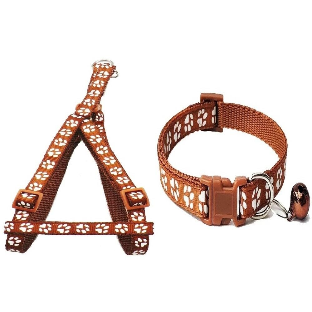 Small Dog Puppy Pet Collar and Harness Set Pawprint Design Nylon Adjustable Neck Size 19-32cm and Chest Size 21-34cm Brown - Image 2