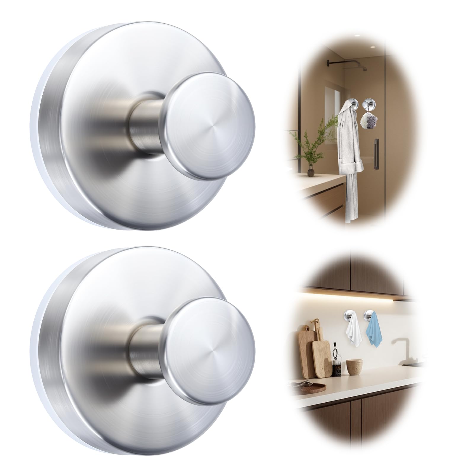 WellMade 2 Pack Brushed Stainless Steel Suction Cup Hooks for Shower Bathroom Kitchen Waterproof Rustproof Wall Hooks for — view 7