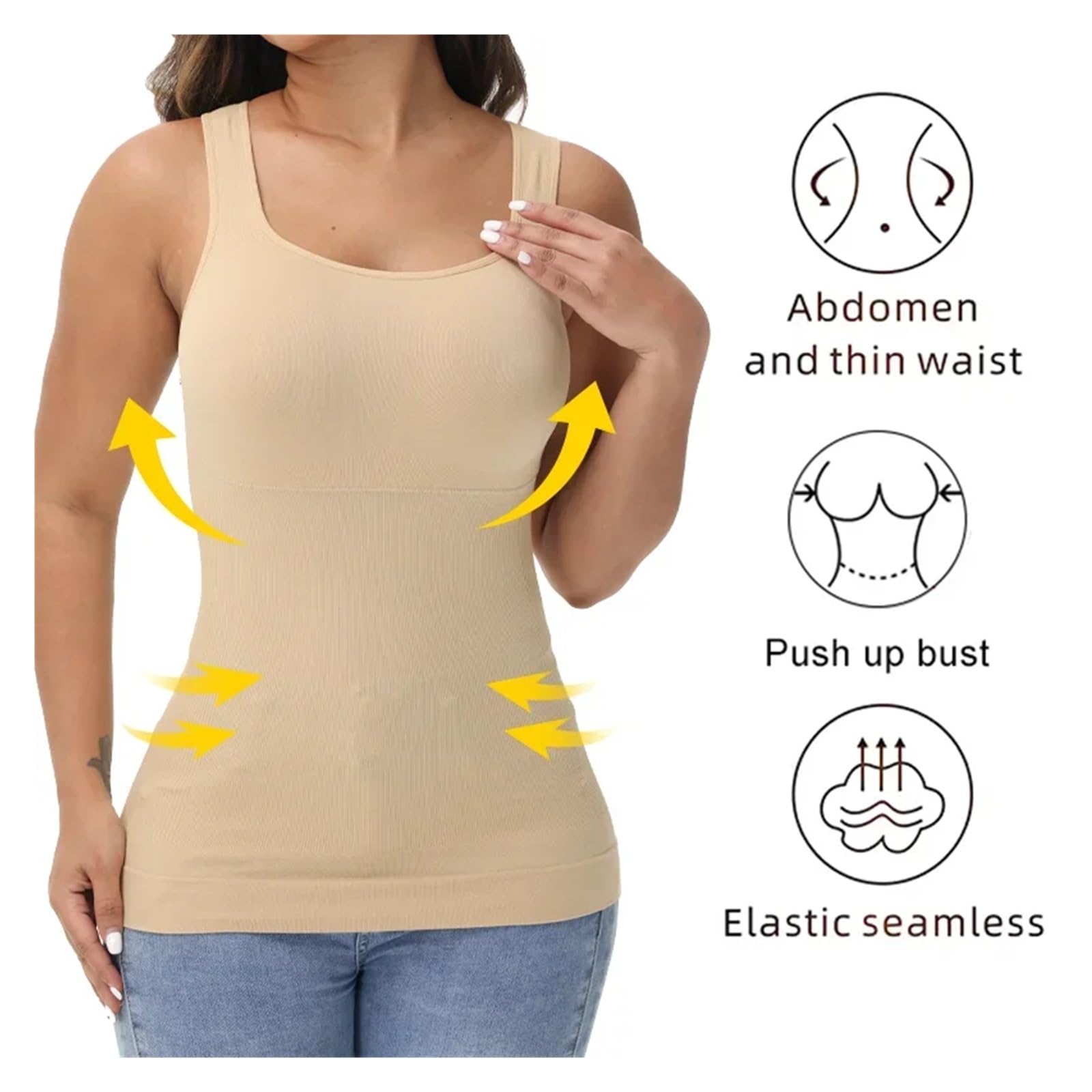 Camiseta Reductora Mujer Camisola sin Costuras, Chaleco de compresión, Control de Abdomen, Moldeador de Cintura, Ropa Interior, Camiseta sin Mangas con Cuello Cuadrado(Khaki,M)