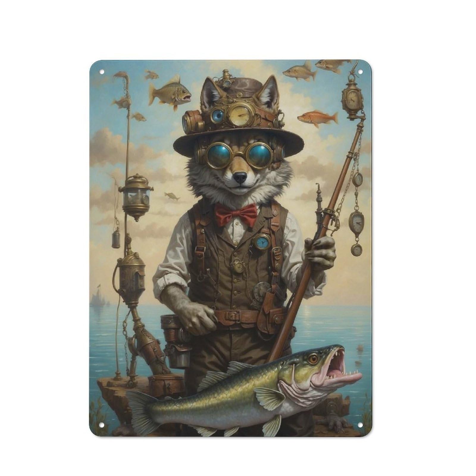 Steampunk Wolf Fishing Metal Wall Plaque 40x30cm, Everyday Small Space Decor for Flat, Dorm Room, Lounge Or Cafe