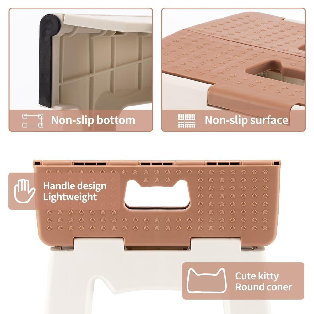 PROSFIA Premium Folding Step Stool for Adults and Kids Non-Slip Folding Stools with Portable Handle, Compact Plastic Foldable Step Stool for Bathroom,Bedroom, Kitchen (Brown) 3