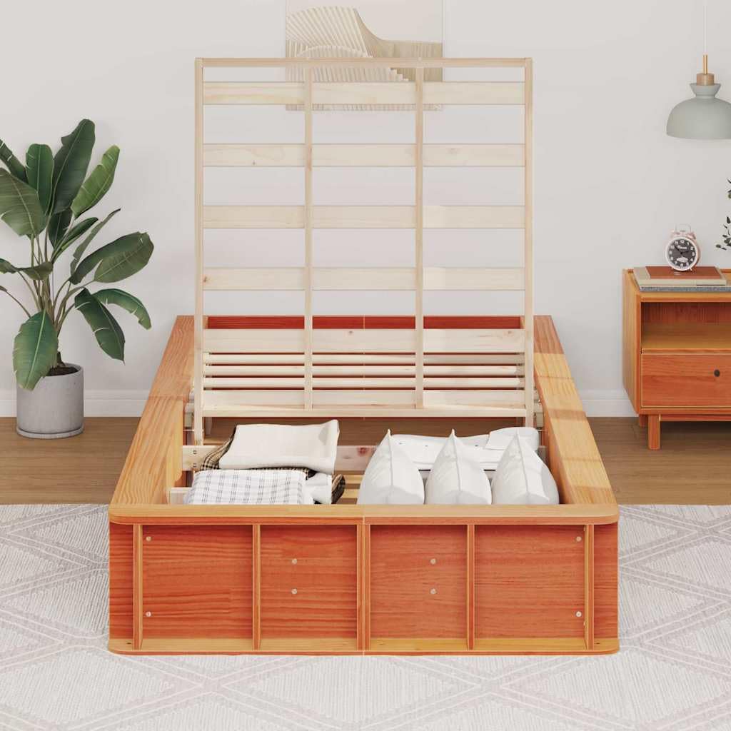 Marco de cama marrón cera, 100 x 200 cm, madera de pino maciza, estructura individual con somier, robusta cama de plataforma para adultos y jóvenes, muebles de dormitorio duraderos