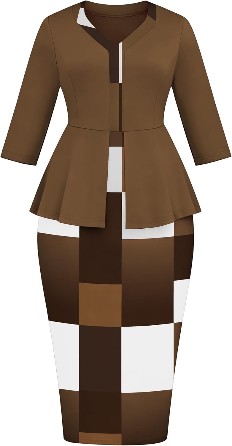 FANDEE Women's Pencil Dresses Midi Bodycon Elegant 3/4 Sleeve Business Work Dress