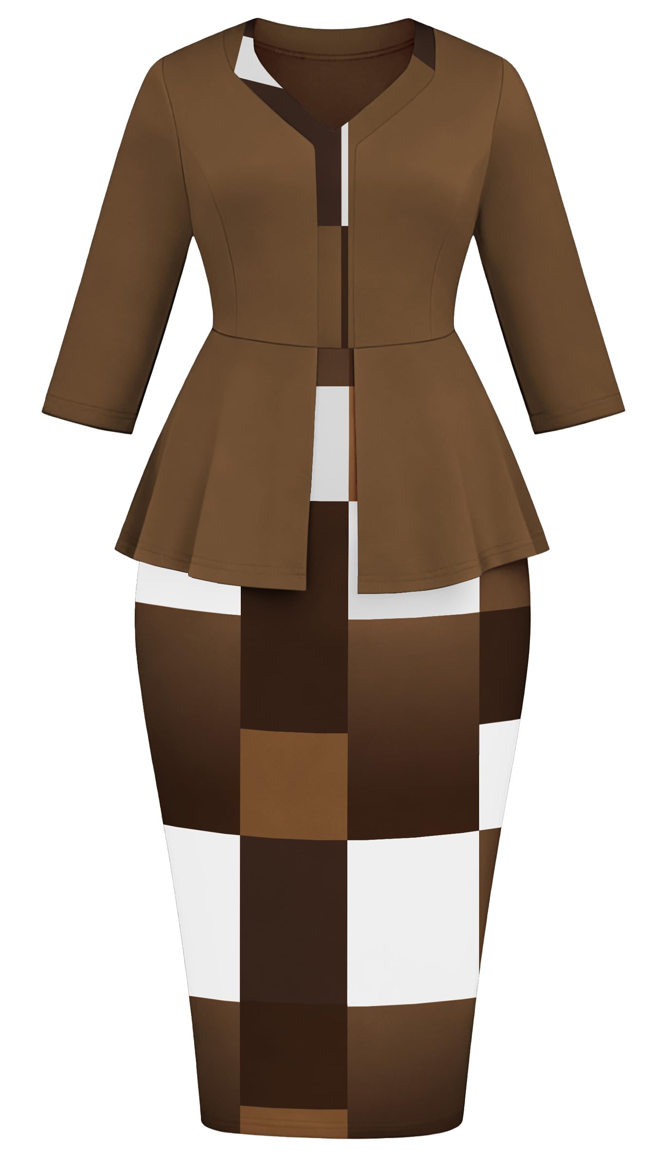 FANDEE Womens Pencil Dresses Midi Bodycon Elegant 3 4 Sleeve Business Work Dress Brown