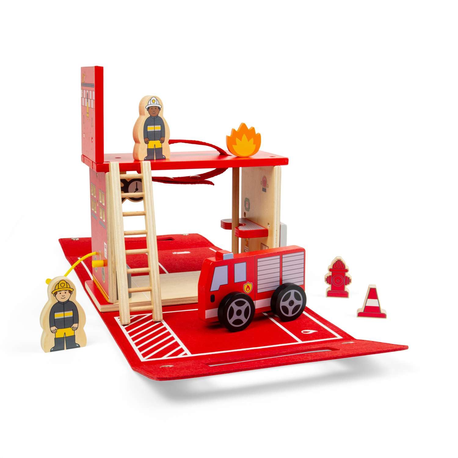 Bigjigs Toys Remiza strażacka w podróży, drewniany zestaw podróżny dla dzieci, filcowa torba do przenoszenia, zestaw do zabawy z drewnianym silnikiem, figurkami strażaków i akcesoriami, prezenty dla