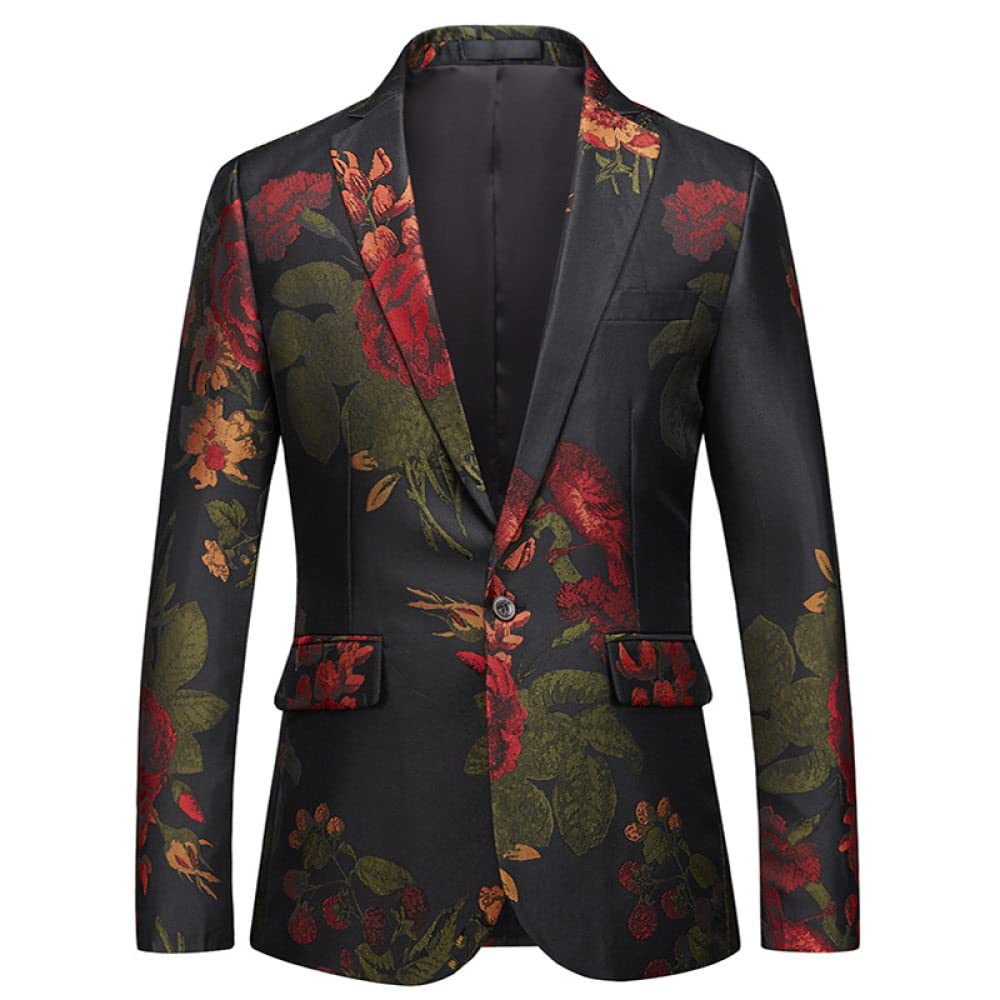 LAKKOA Herren Sakko, Herren Prom Anzugjacken Trendige Blume Blazer Anzugjacke Schwarz Lässige Slim Fit One Button Anzüge Mantel Floral Freizeitjacke Party Dinner Jacket S-4Xl,M