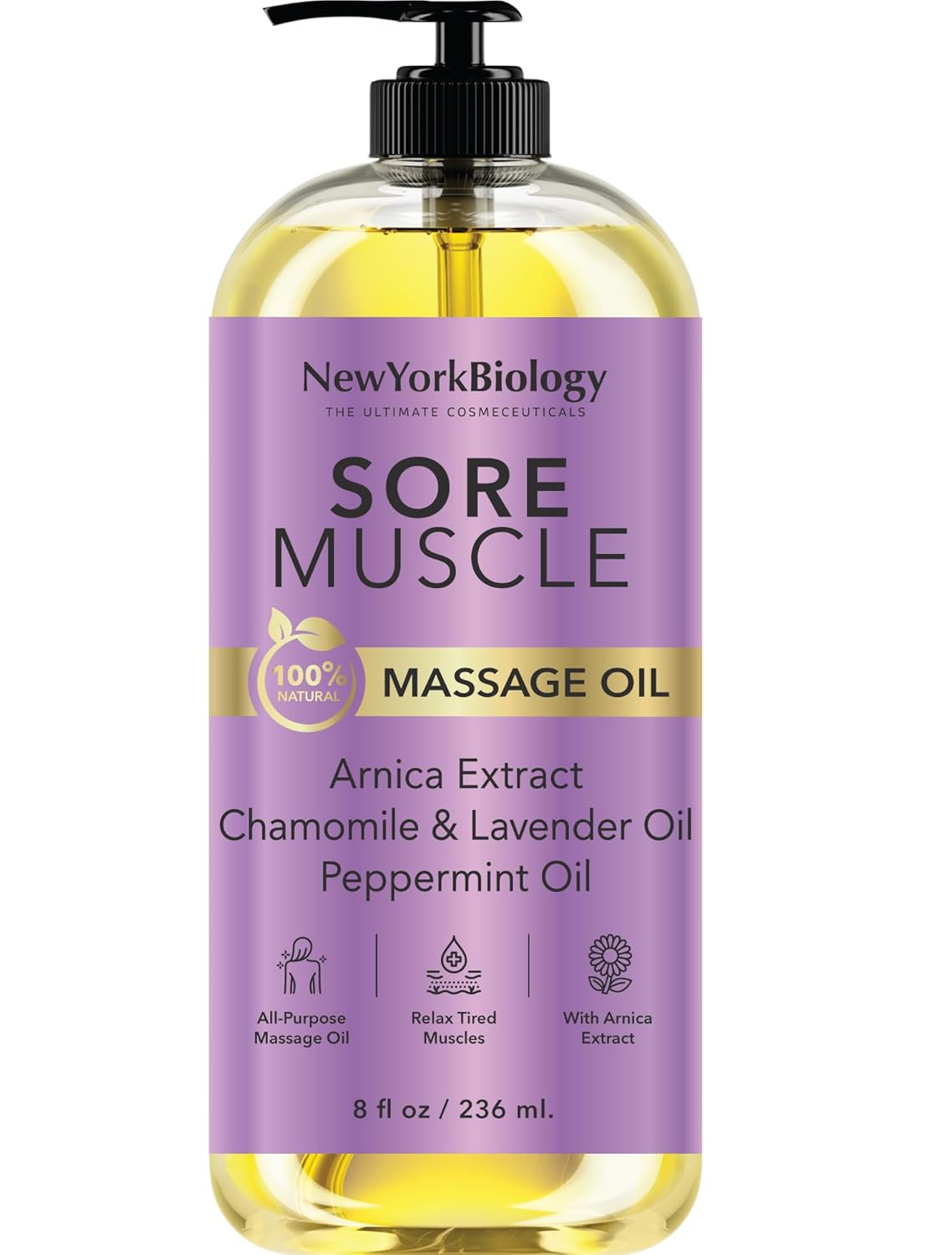 New York Biology Sore Muscle Massage Oil 8 Fl Oz – Made with 100% Natural Oils – Soothing Body Massage Oil - Absorbs Easily