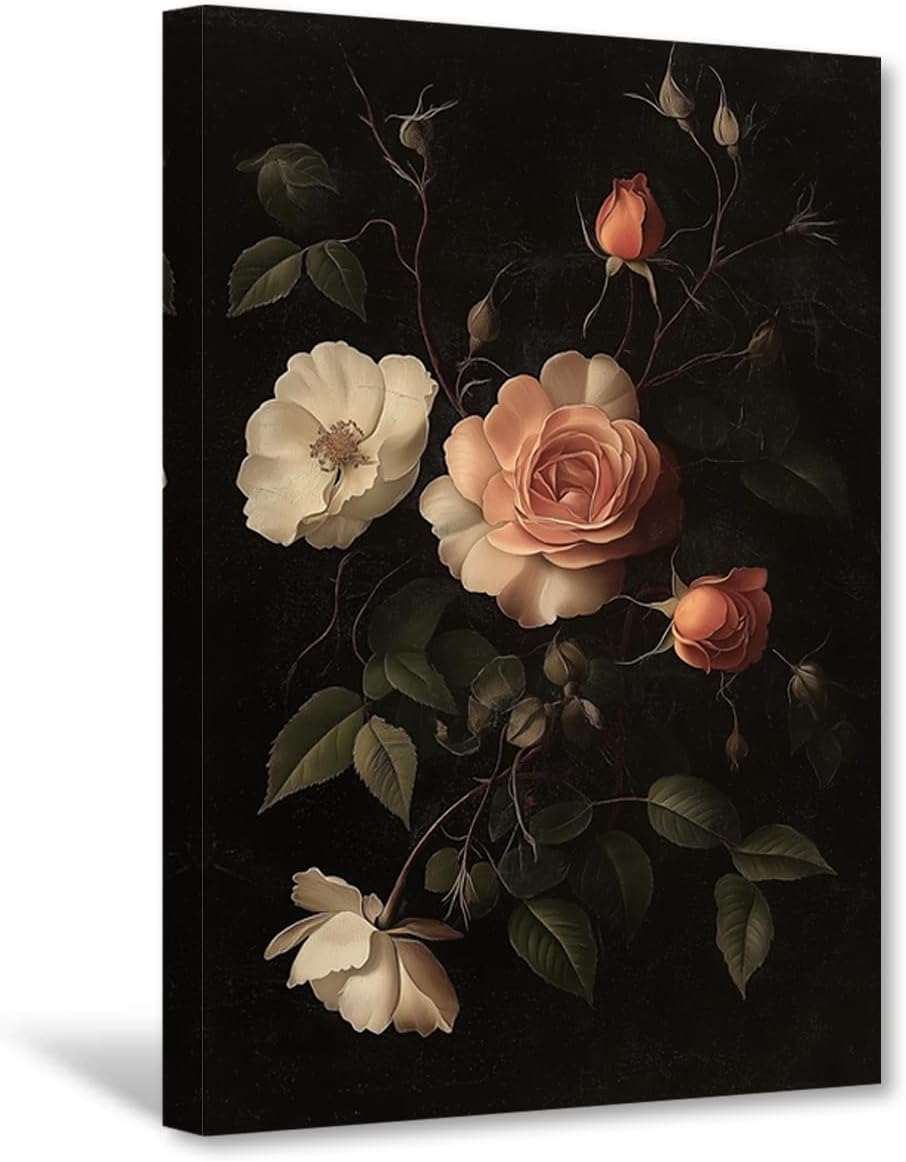 CXHOSTENT Rose Canvas Wall Art Vintage Flower Pictures Pink Floral Painting Print Retro Botanical Prints Rustic Country Bedroom Office Decor Framed (12.00" x 18.00")
